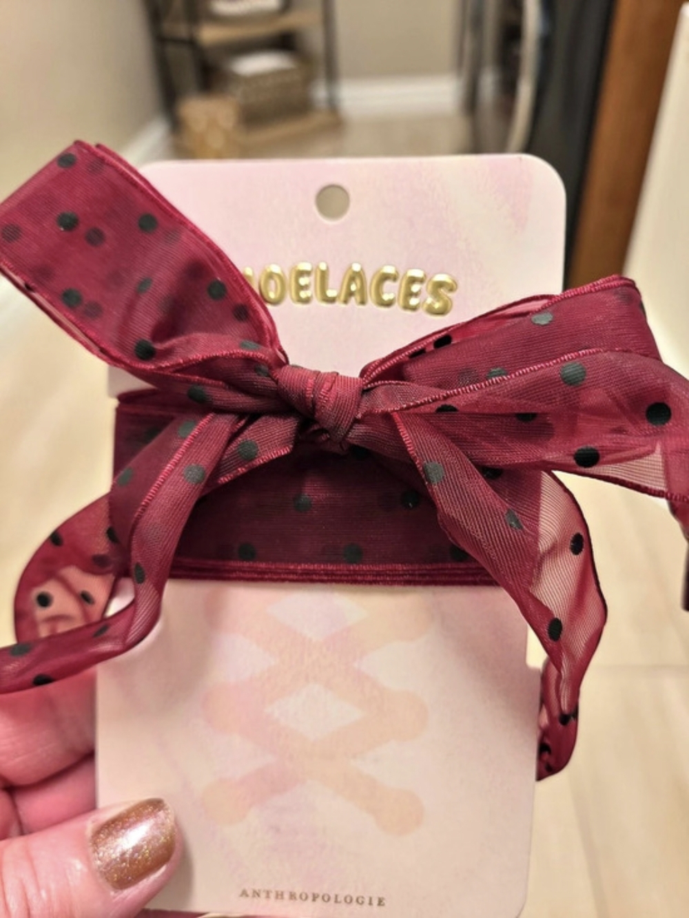 Anthropologie Organza Shoe Laces, Set of 2 Burgundy Polka Dot